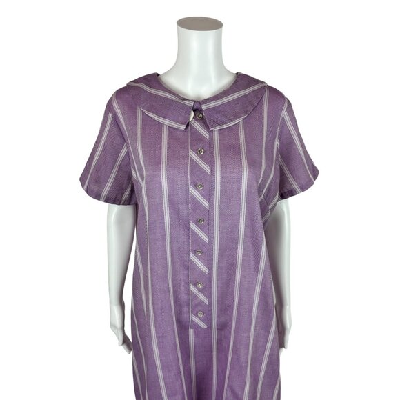 Vintage 60s Striped Dress Women's Extra Large Purple Peter Pan Bow Collar Shift - Picture 3 of 9